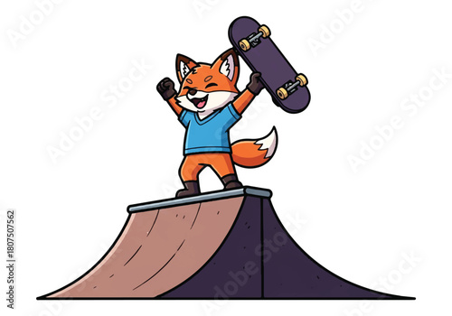Cartoon fox triumphantly holding skateboard on ramp with joyful expression