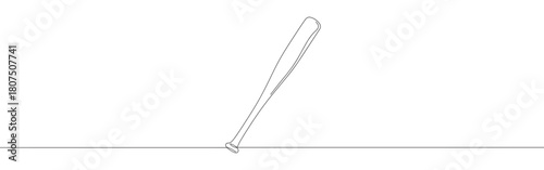 A continuous one-line drawing of a baseball bat leaning against an invisible surface, depicted against a white background