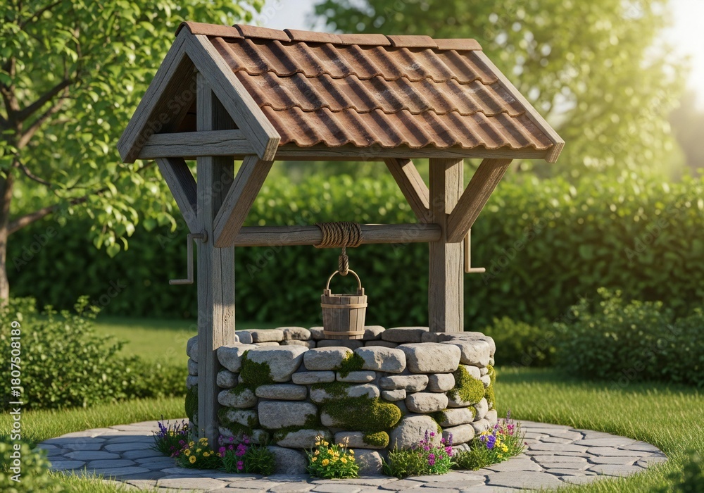 Fototapeta premium Charming stone wishing well amidst lush green garden scenery sunlight