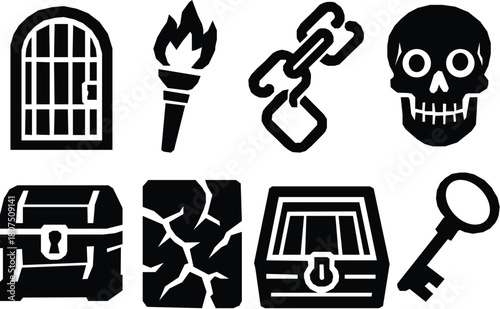 Dungeon adventure silhouette icon set. featuring door, torch, chains, skull, treasure, crack, and key symbols. Silhouette vector set.