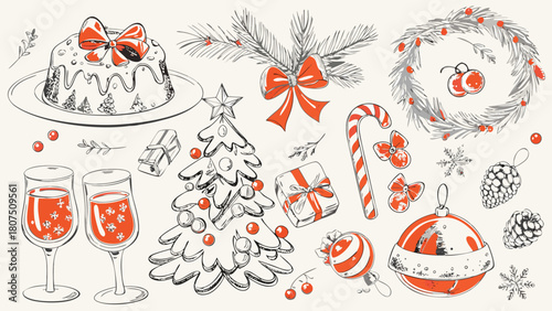 Festive christmas illustration with pudding tree gifts and holiday decorations scattered around it