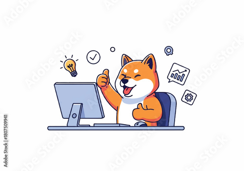 Illustration of a cheerful Shiba Inu dog sitting at a computer with a lightbulb above, conveying a creative and playful mood on a clean white background.