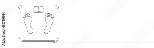 A continuous one-line drawing of a scale with foot imprints, against a pristine white background