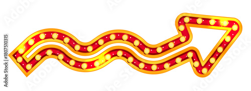 Arrow sign marquee with vintage retro bulb light for theater, casino or carnival show. Red illuminated pointer in neon style for broadway billboard or showtime promotion. Curved shape vector isolated