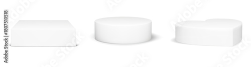 White 3d podium platform set with heart, cylinder and cube shape for product display. Round circle pedestal, square box and love base in minimal realistic style. Studio rendering vector isolated