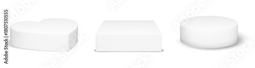 White podium platform set with 3d heart, circle and cube shape for product showcase display. Round cylinder pedestal and square box in minimal realistic style. Studio rendering vector isolated