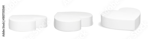 White 3d heart podium platform set for product display or valentine day showcase. Love shape pedestal with minimal realistic rendering style with shadow. Studio mockup vector isolated on background