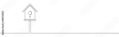 A continuous one-line drawing of a birdhouse on a stand, featuring its entrance hole and perch, against a white background