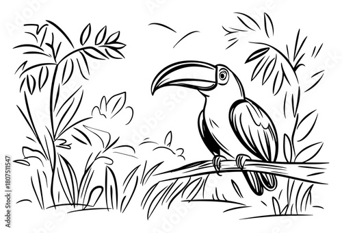 Tropical Toucan Perched on Jungle Branch – Exotic Rainforest Bird Line Art