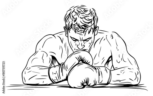 Brooding Boxer Resting Forearms on Ring Apron – Muscular Fighter Portrait
