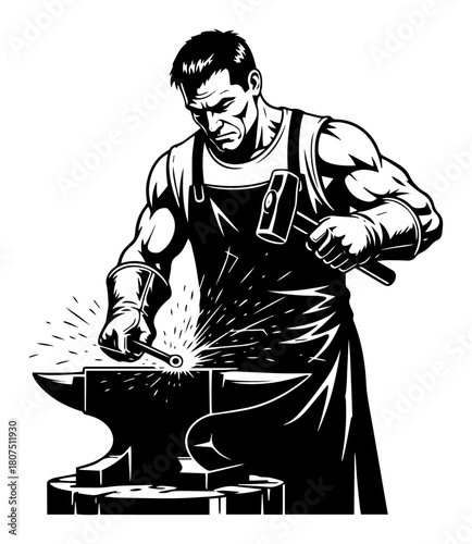 Powerful Blacksmith Forging Hot Metal on Anvil – Vintage Workshop Illustration