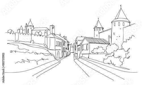 Medieval Town Street with Castle Towers – European Heritage Line Art