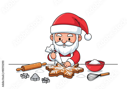 Cartoon Santa Claus decorating gingerbread cookies with icing and sprinkles on a white background