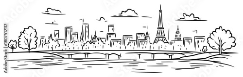 Paris City Skyline over Seine River – Eiffel Tower Panorama Line Art