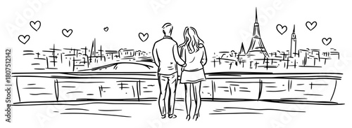 Romantic Couple Embracing by Paris Skyline – Love Scene with Hearts Vector