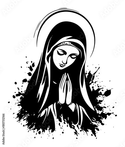 Praying Virgin Mary with Halo – Expressive Ink‑Splatter Religious Illustration