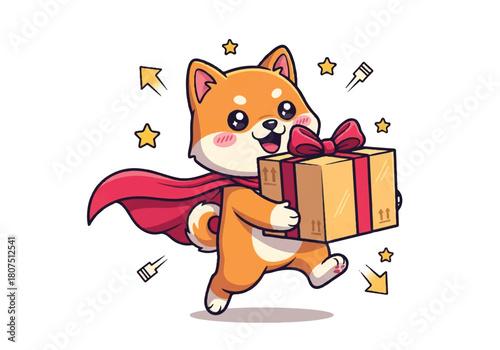 Cartoon Shiba Inu dog wearing a red cape carrying a gift box with a bow surrounded by stars and confetti on a white background.