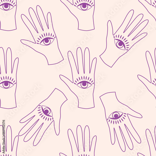 Magic seamless pattern with constellations, sun, moon, magic eyes, clouds and stars. Mystical esoteric background for design