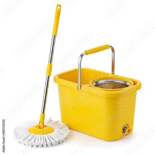 Yellow mop and bucket set with a metal wringer.
