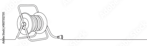 A continuous one-line drawing of a garden hose reel with a coiled hose, depicted against a clean white background