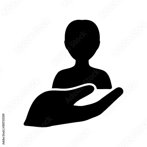 Person silhouette supported by a hand, depicting care Vector, illustration