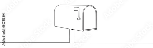 A continuous one-line drawing of a classic mailbox with its flag raised, set against a pristine white background