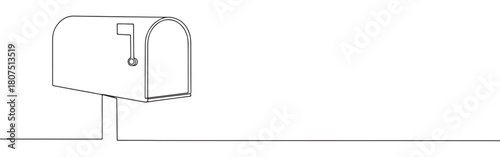 A continuous one-line drawing of a classic mailbox with its flag raised, set against a pristine white background