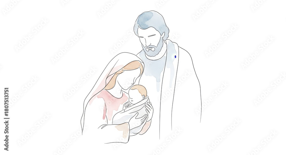 Fototapeta premium A tender watercolor illustration depicts the Holy Family: Mary, Joseph, and the infant Jesus.