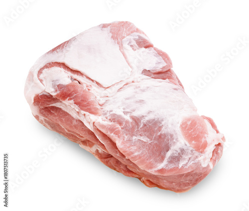Raw boneless pork shoulder isolated on a light gray background, showing lean meat and marbling fat texture.PNG