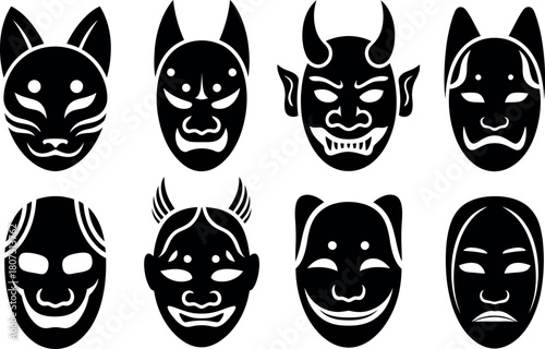 Collection of Asian Masks Black Silhouette on White Background Variety