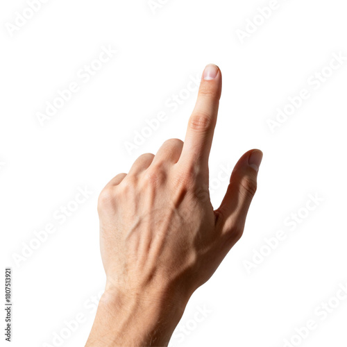 Human index finger pointing upwards on white background hand
