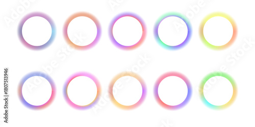 Set of blurry round frames. Circle shapes with pastel pink, orange, red, blue, green neon gradient borders isolated on white background. Abstract design elements with empty space. Vector illustration.
