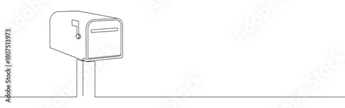 A continuous one-line drawing of a classic mailbox with its flag raised, set against a pristine white background