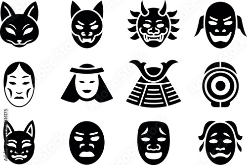 Collection of Japanese Masks and Samurai Helmet Illustration Vector Set