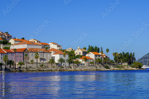 Fototapeta Naklejka Na Ścianę i Meble -  Seafront view at beautiful Korcula town in summertime, touristic place in Southern Croatia, Europe Mediterranean.