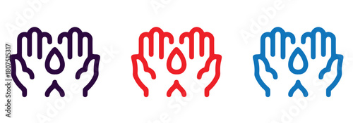 Hand gestures icon set. Collection of line icons depicting various hand poses, water drops, and splashes, symbolizing cleanliness, care, and hygiene.