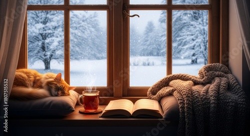 A cozy winter scene with a cat sleeping, a book, and a warm drink by the window.