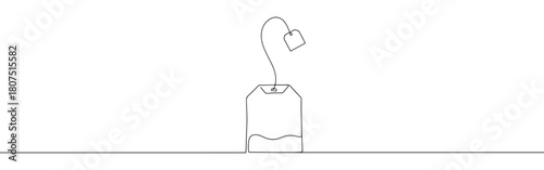 A continuous one-line drawing of a tea bag steeping in a cup, with another tea tag hanging above, against a white background