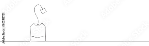 A continuous one-line drawing of a tea bag steeping in a cup, with another tea tag hanging above, against a white background