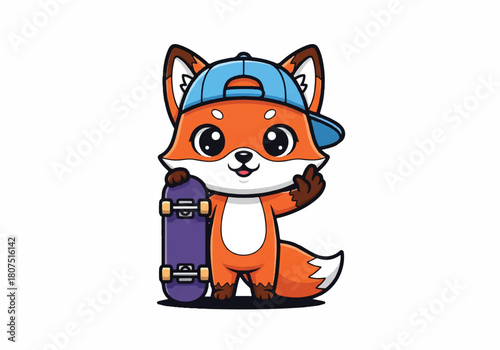 Cartoon illustration of a cheerful orange fox wearing a blue cap and holding a purple skateboard against a clean white background with a playful mood.