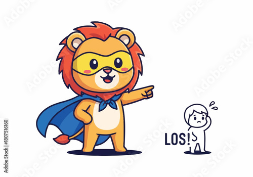 A lion mascot in a cape and glasses gestures towards a shocked person with a speech bubble saying 'LOS!' on a white background with a playful and humorous mood.