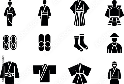 Traditional Japanese Clothing and Accessories Set Icon Collection Flat Design