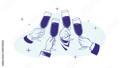 illustration of four hands raising champagne glasses to toast each other. illustration of parties, celebrations and events