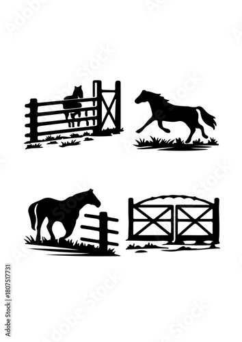 Horse and Ranch Fence Silhouettes Set