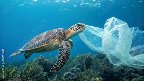 Sea turtle near a plastic bag. Ocean pollution. Environmental problems