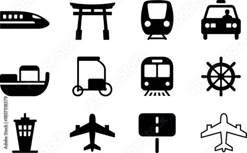 Black and white transportation icons vector illustration collection diverse set