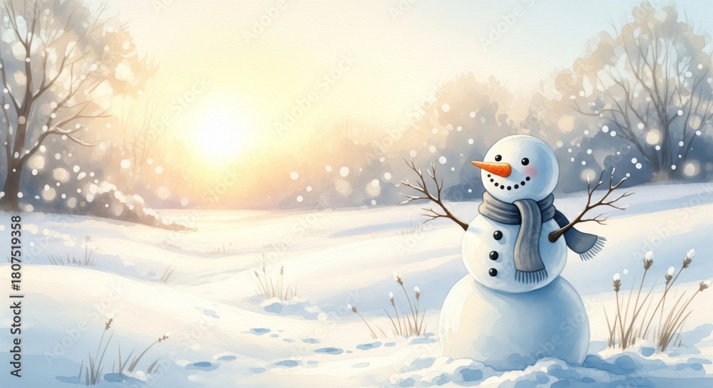 Fototapeta premium A cheerful snowman stands in a snowy landscape, with a bright sun setting in the background.