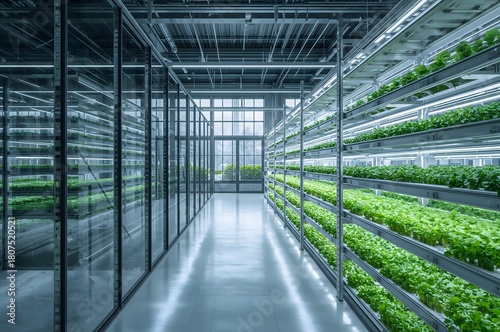 a modern hydroponic vertical farm located inside a large building, showcasing high-tech agricultural equipment