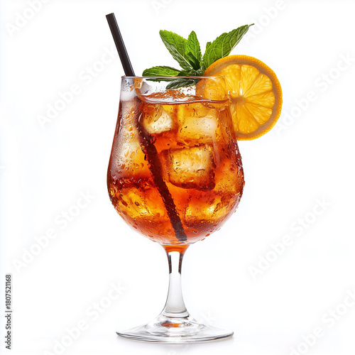 Cocktail  in glass with ice cubes, lemon slice and straw, isolated on white background.