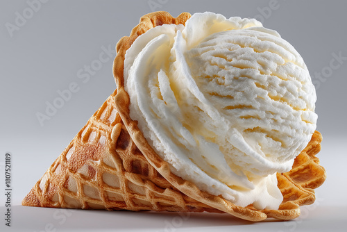 Vanilla whiteice cream scoop presented in waffle cone cup on gray background.